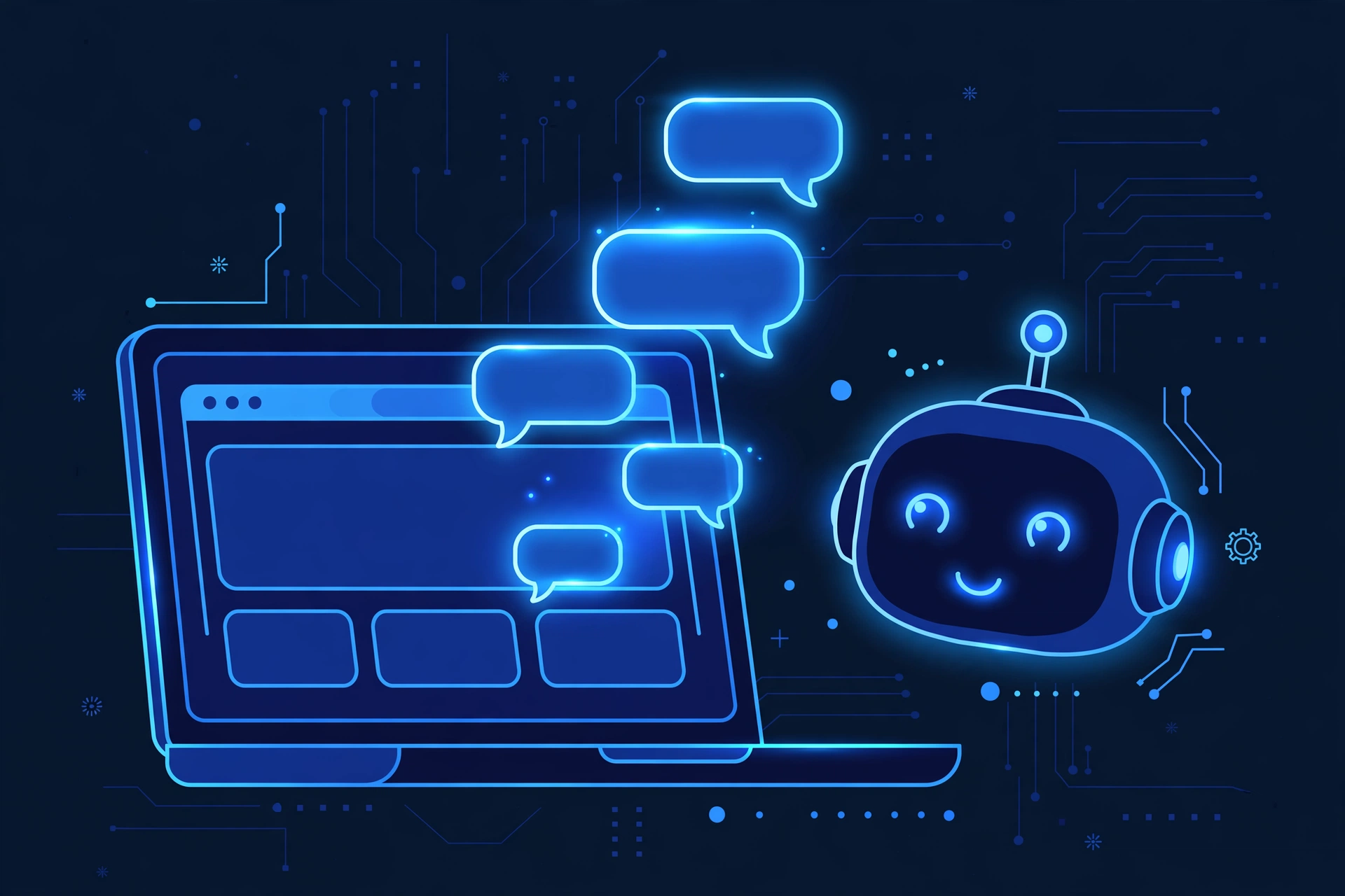 Illustration of a laptop with chat message bubbles rising from the screen and a small robot assistant icon, representing an AI chat assistant answering customer questions on a website