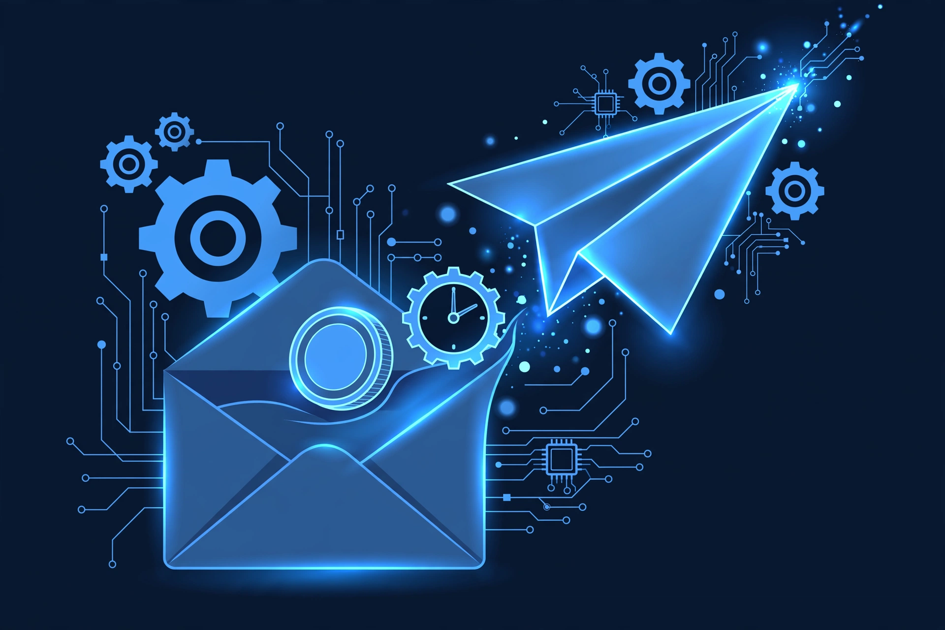 Illustration of an envelope with a pound coin and a clock merging into a paper plane launching upward, representing automated invoice payment reminders