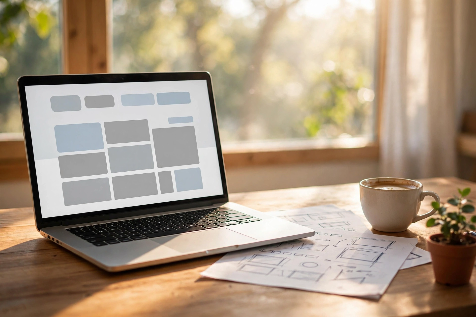 Sunlit desk with a laptop showing a website design in progress beside hand-drawn wireframe sketches, a coffee cup and a small plant