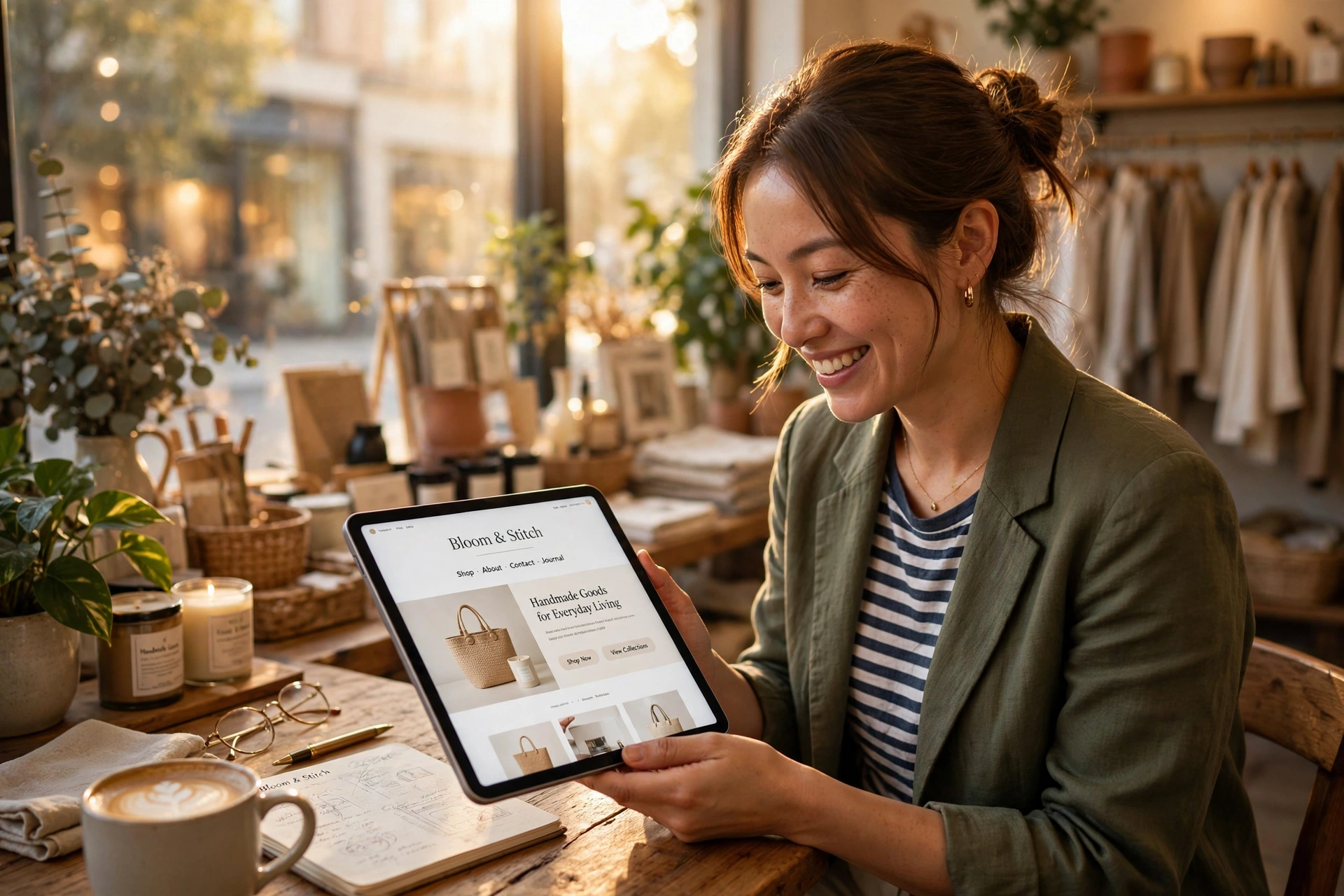 Small business owner reviewing her website on a tablet inside her bright shop, warm afternoon light through the window