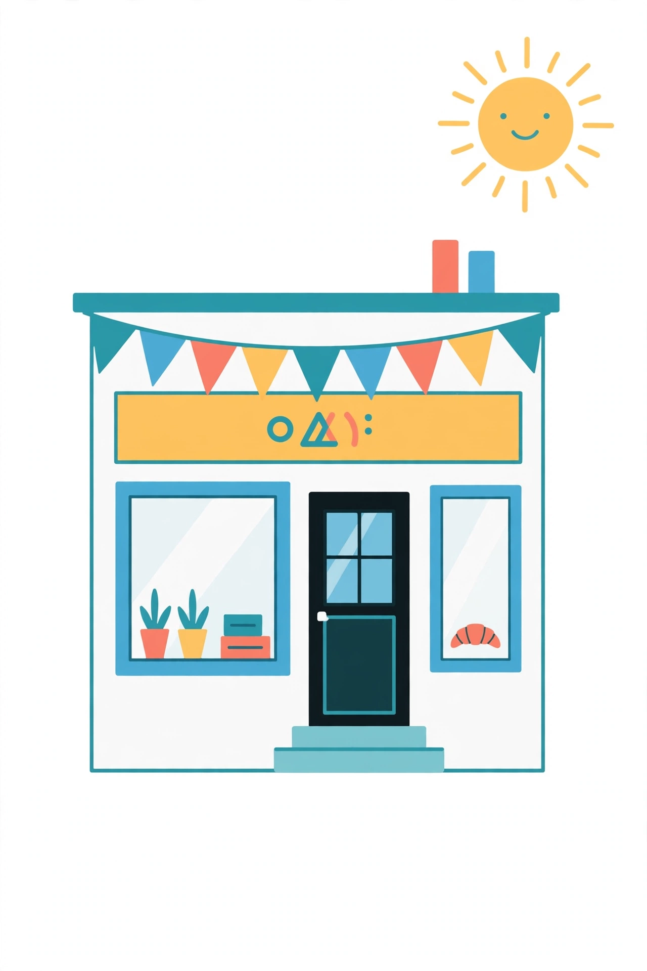Flat illustration of a small UK shopfront with bunting and a friendly sun, representing a local business choosing its online identity
