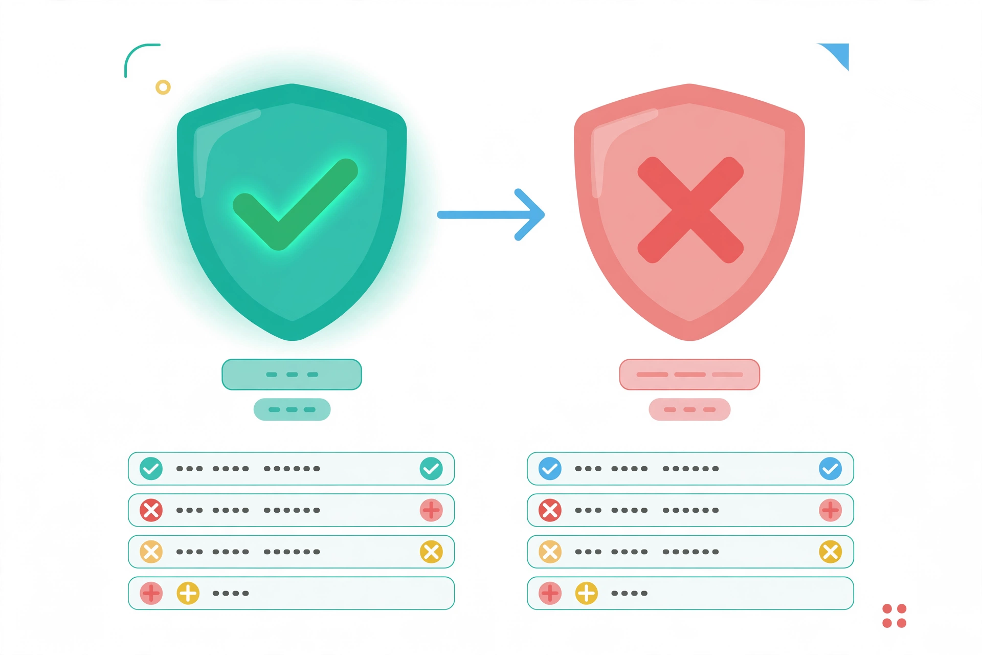 Flat illustration of two shields, one with a green tick for a protected registered domain and one with a red cross for a trademark risk