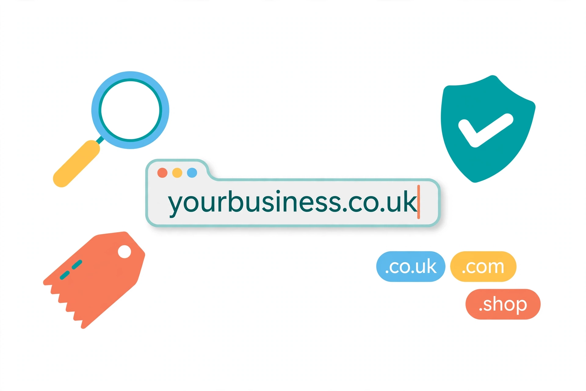 Flat illustration of a browser address bar with the domain name yourbusiness.co.uk being typed, with magnifying glass, shield and domain extension pills around it