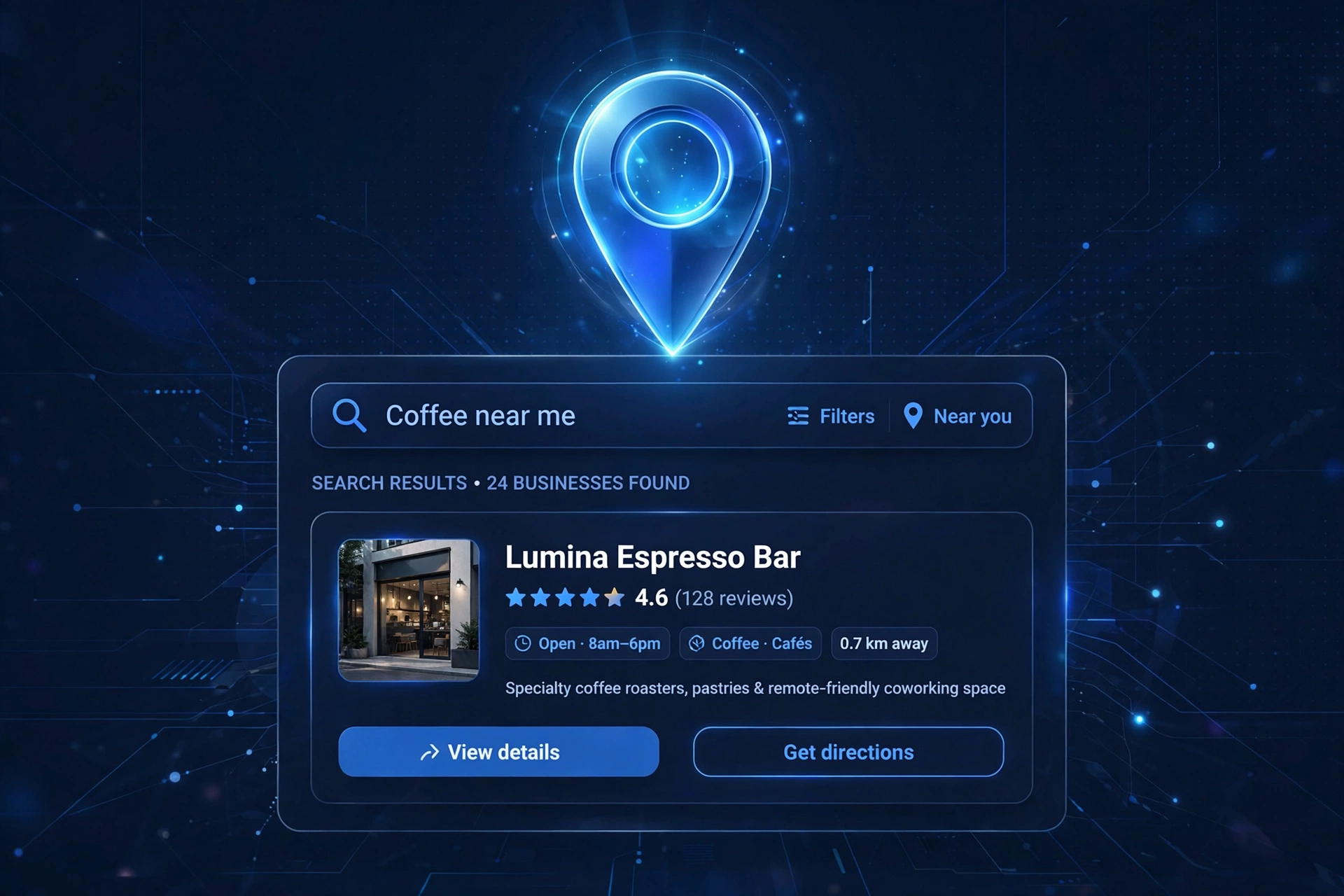 A glowing map pin over a stylised search-results mock-up showing a local business listing with star ratings and review count.