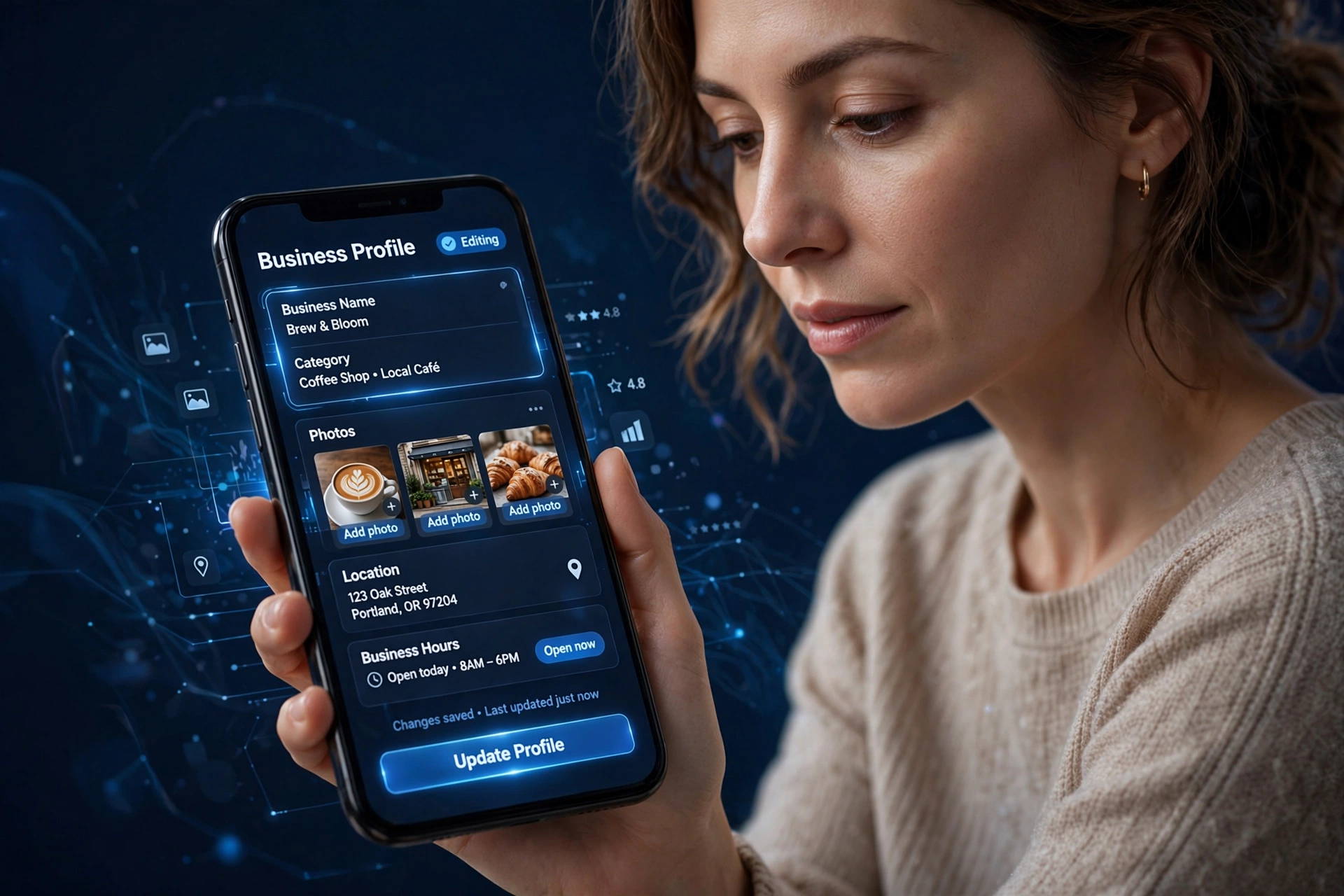 A small business owner updating their Google Business Profile information and photos on a smartphone, in deep navy and electric blue tones.