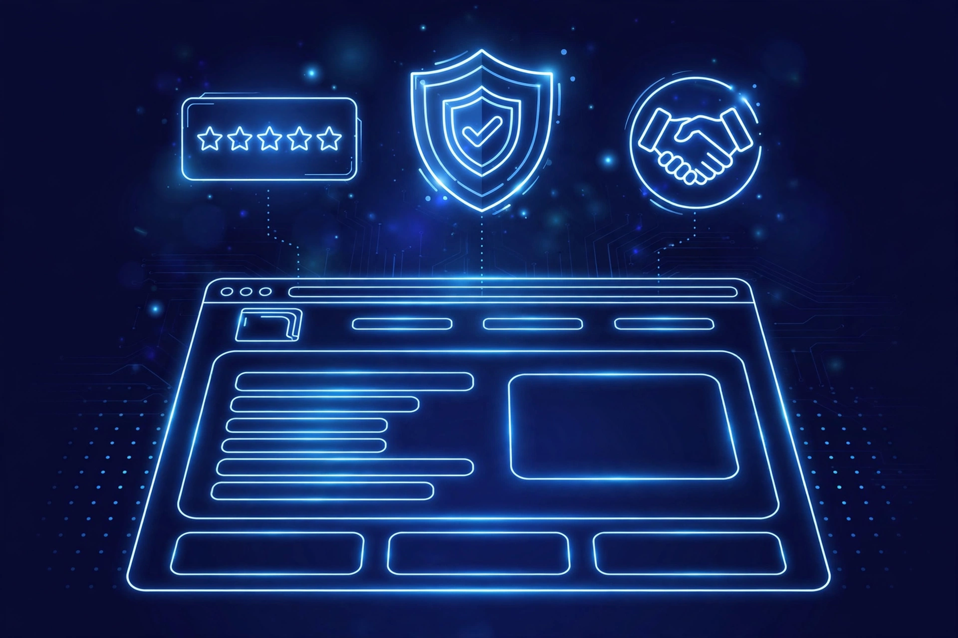 Illustration of trust signals on a landing page: reviews, badges and a glowing shield