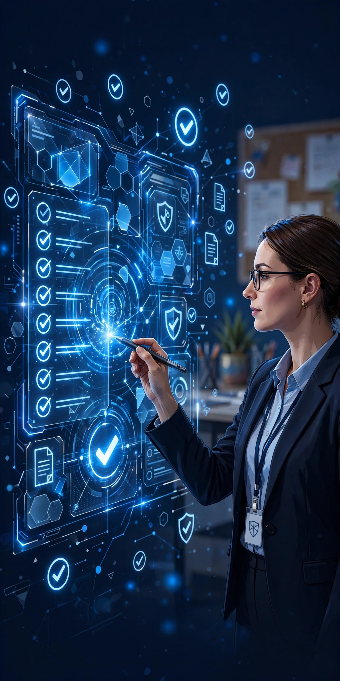 School administrator reviewing a glowing digital compliance dashboard with checkmarks, navy and electric blue illustration