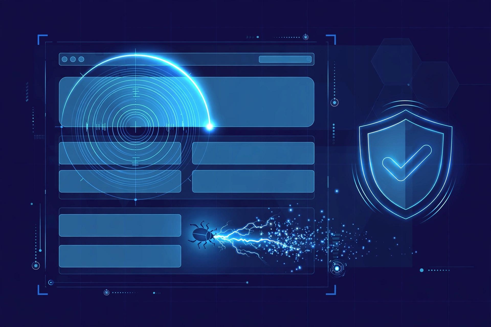 A digital radar scanner sweeping over a website page and zapping away a bug, with a shield checkmark, representing security monitoring.