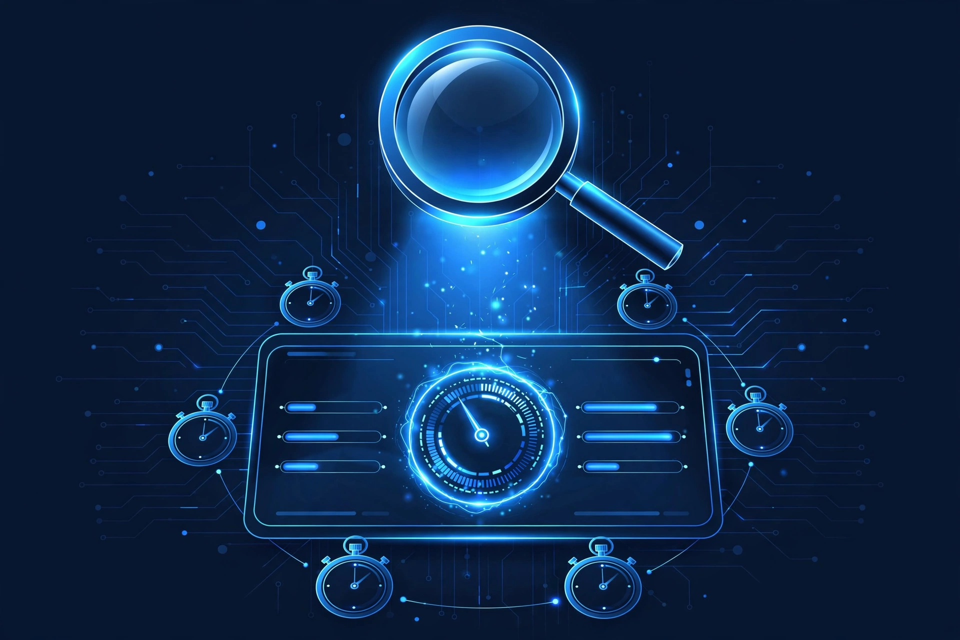 Magnifying glass examining a stylised website performance report with a score gauge and loading bars