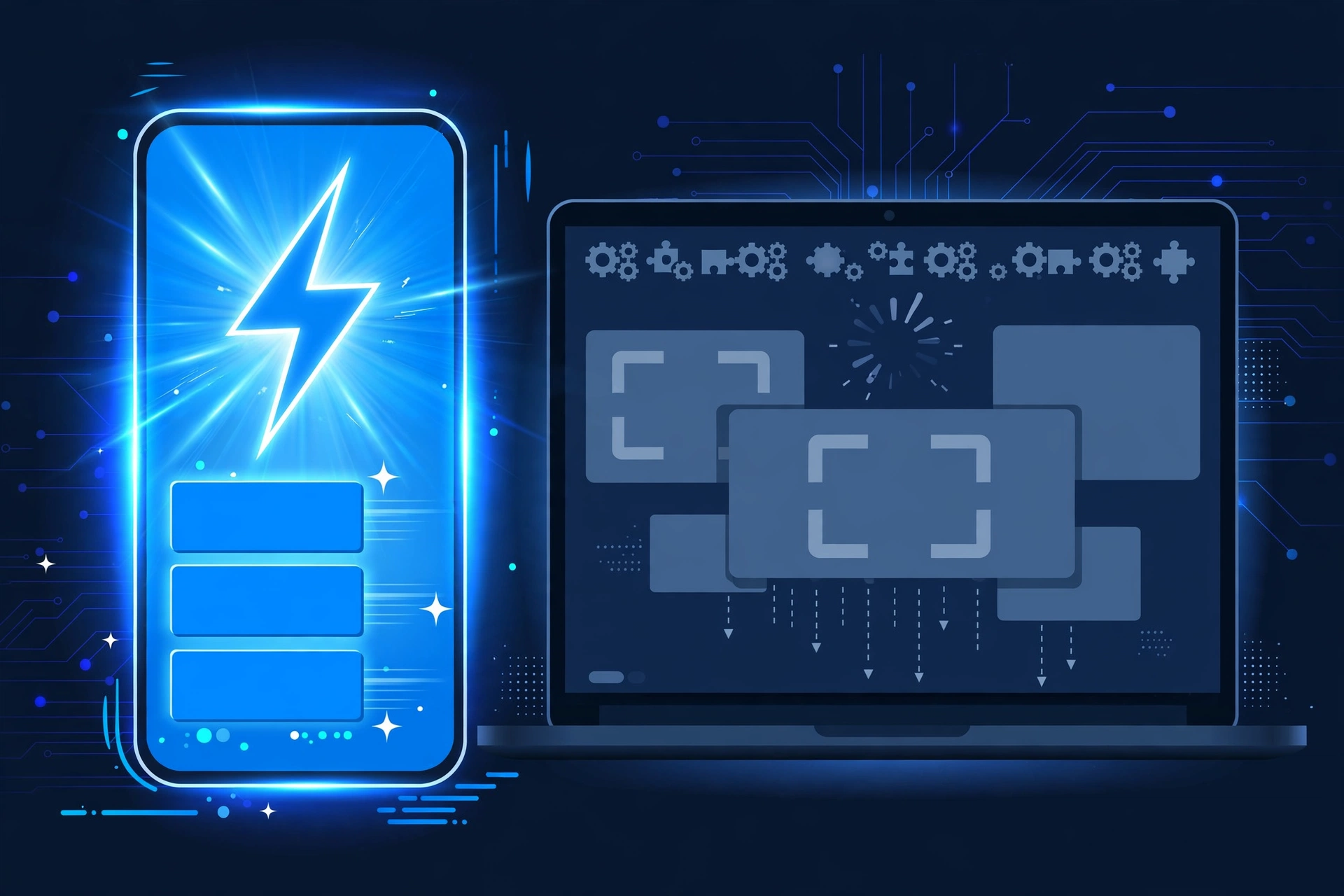Smartphone showing a fast-loading page with a lightning bolt beside a laptop showing a slow page under a stalled loading spinner