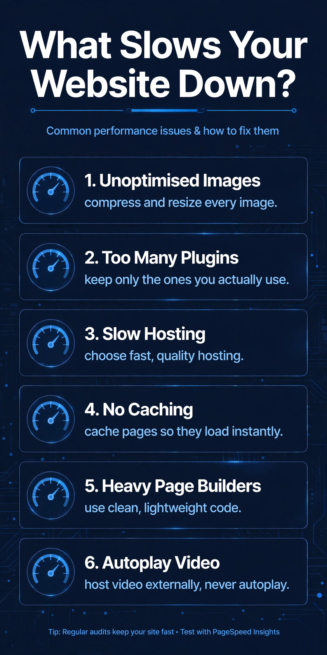 Infographic listing six causes of slow websites — unoptimised images, too many plugins, slow hosting, no caching, heavy page builders, autoplay video — each with a one-line fix