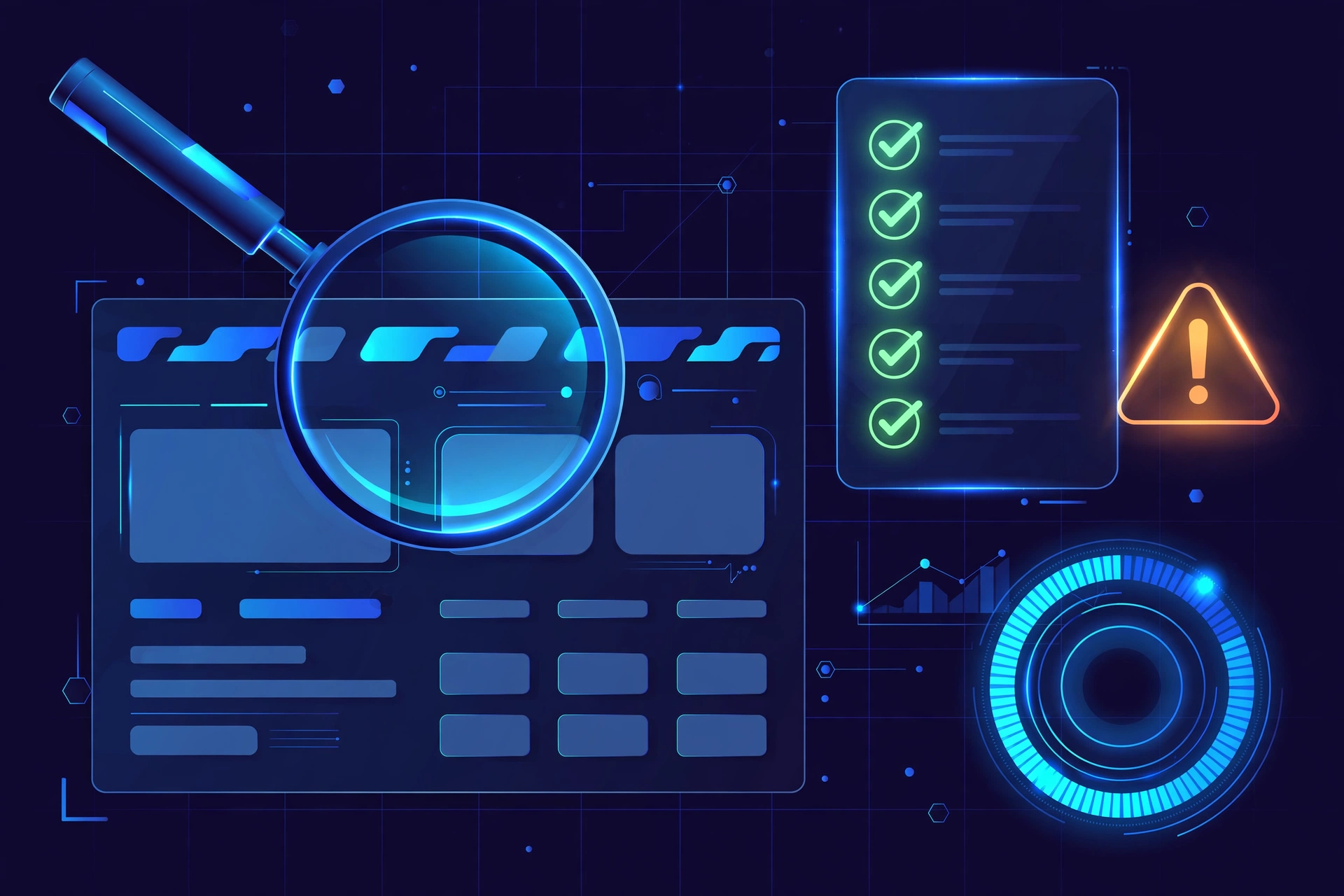 Illustration of a magnifying glass scanning a business website with an audit checklist and health score in navy and electric blue
