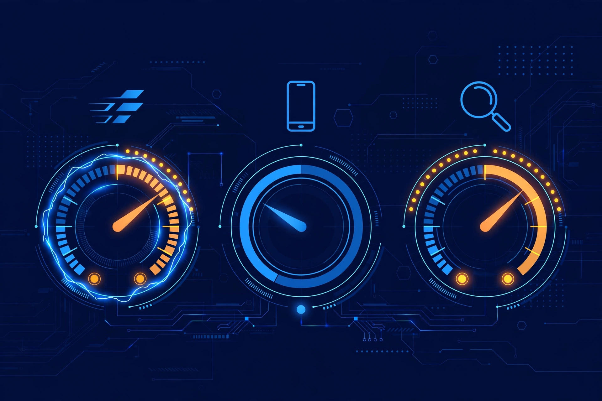 Illustration of a website health dashboard with warning signals on speed, mobile and SEO gauges in navy and electric blue