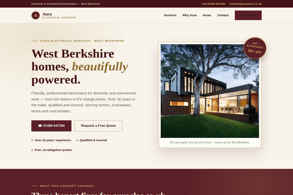 Aura Electrical homepage mockup