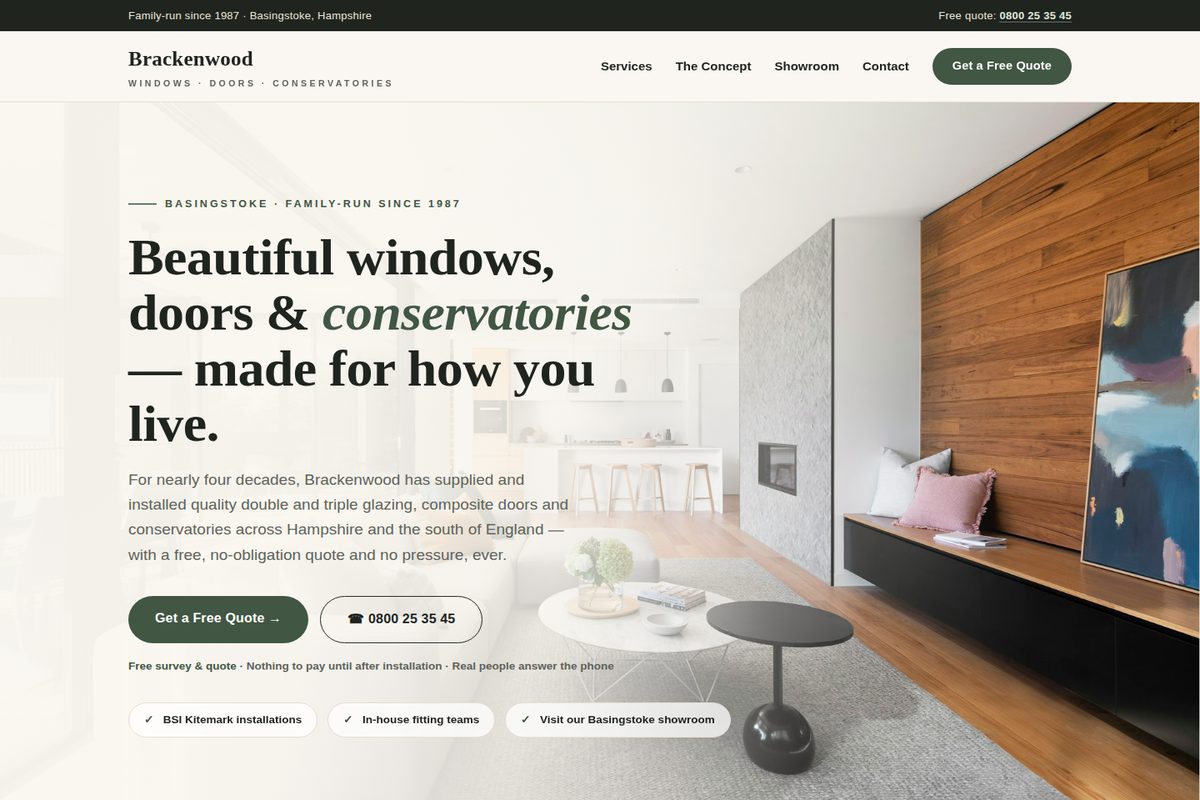 Brackenwood Windows homepage mockup
