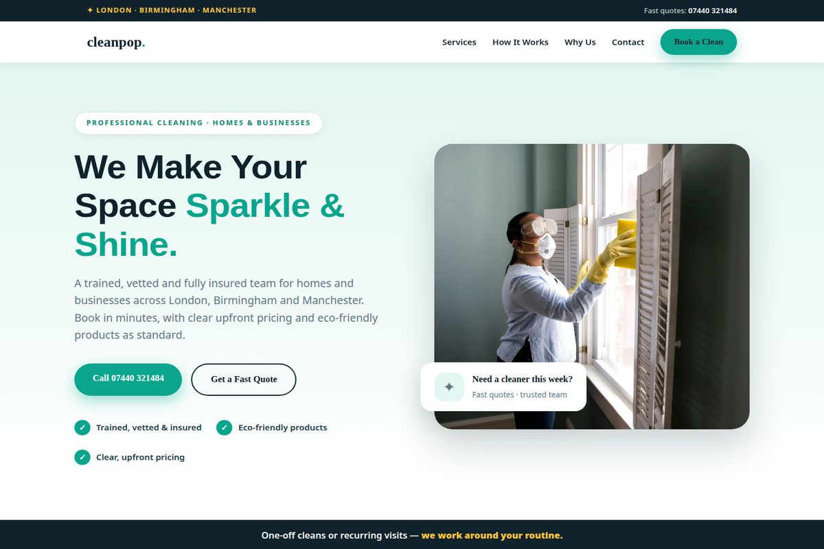 Cleanpop Services homepage mockup