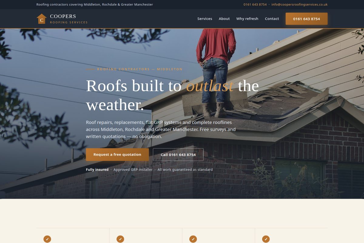 Coopers Roofing Services homepage mockup