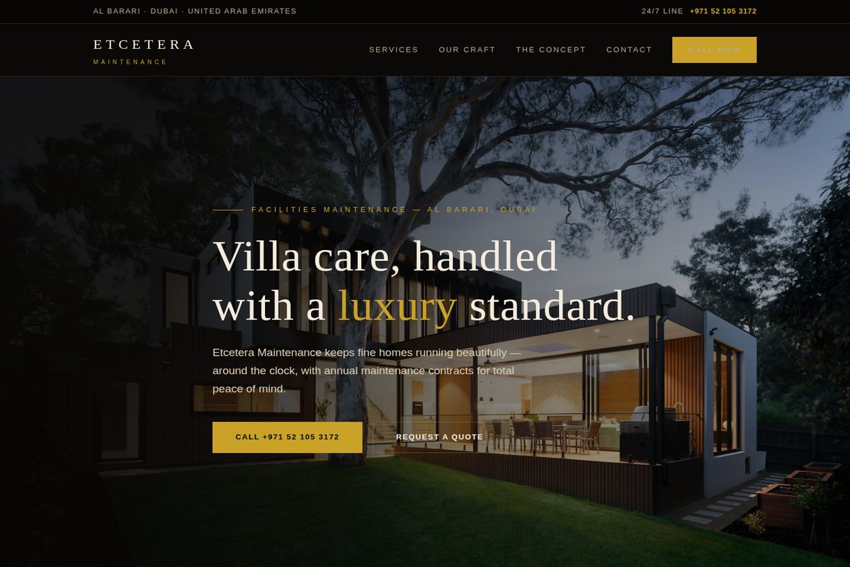 Etcetera Maintenance homepage mockup