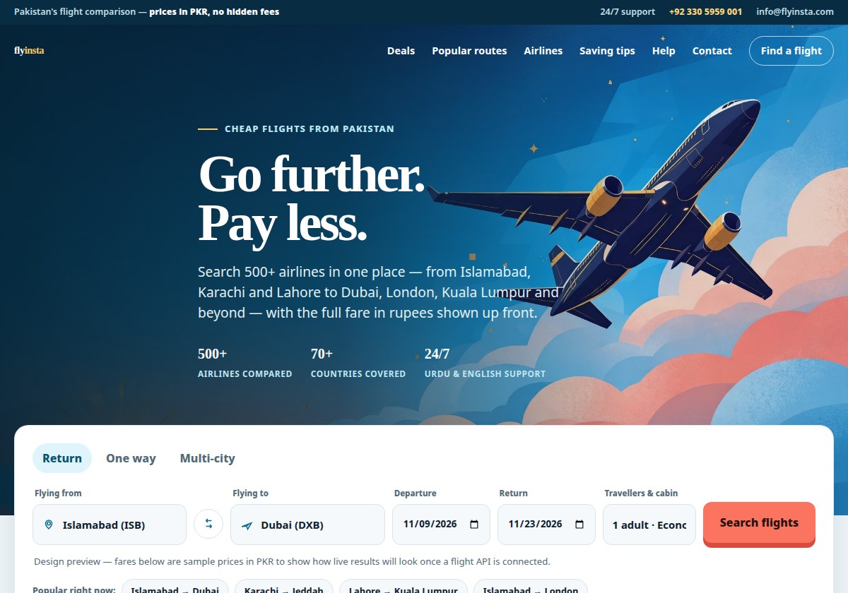Flyinsta flight booking website mockup