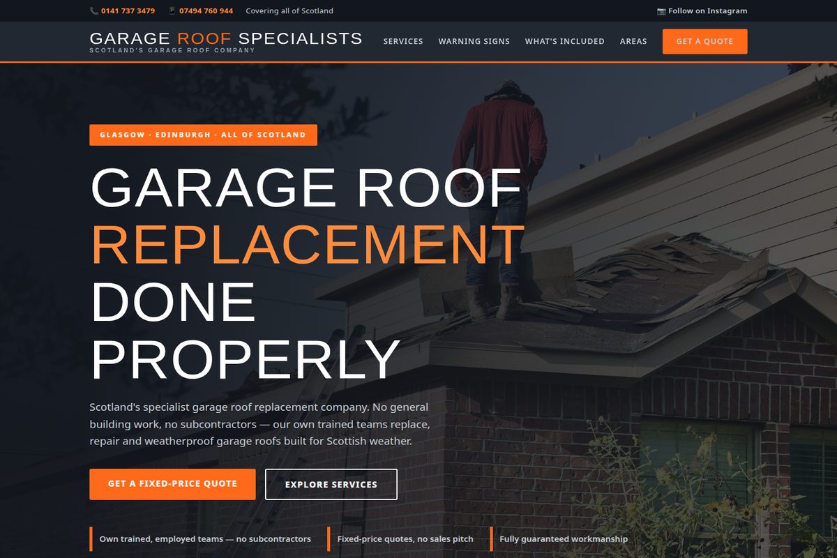 Garage Roofs Specialists homepage mockup