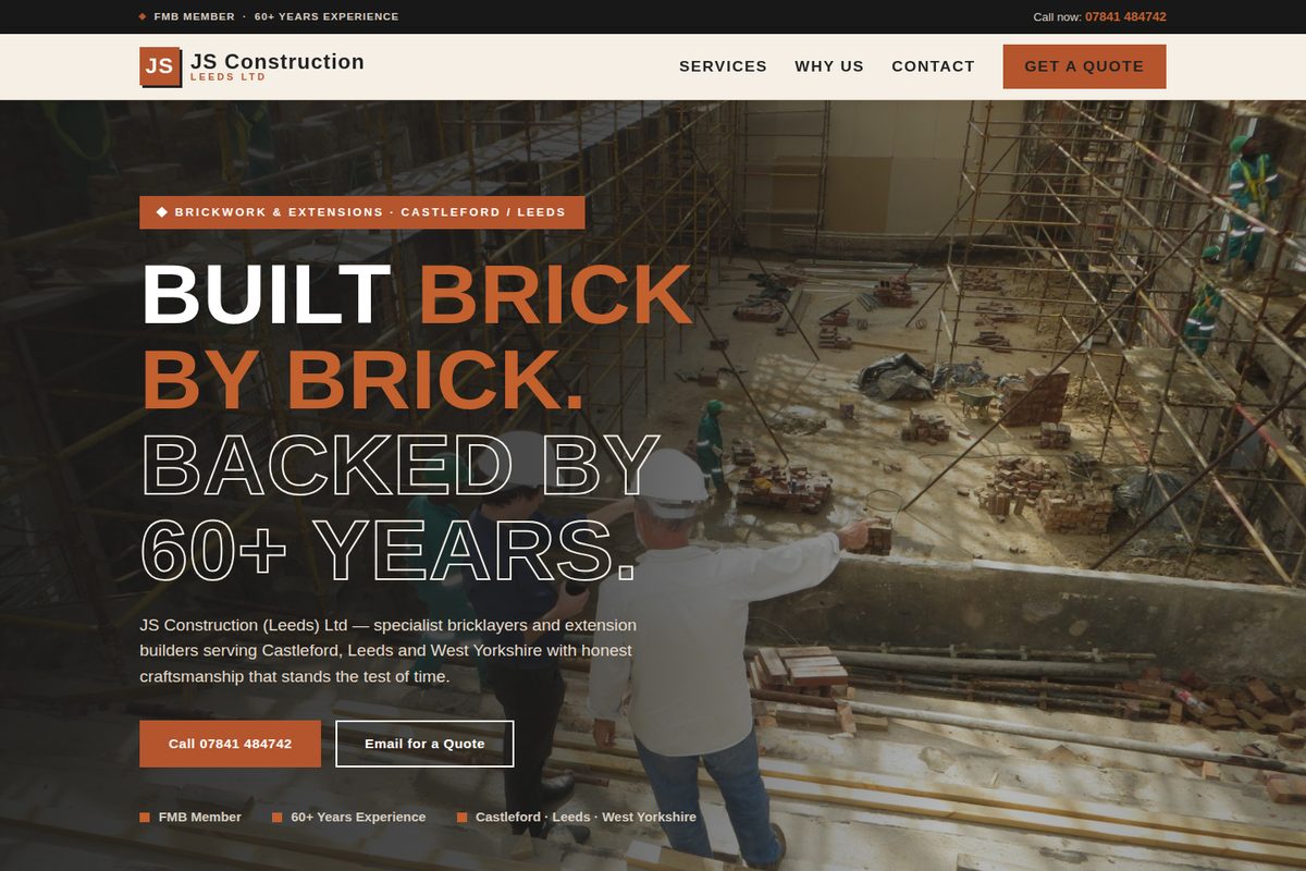 JS Construction Leeds homepage mockup