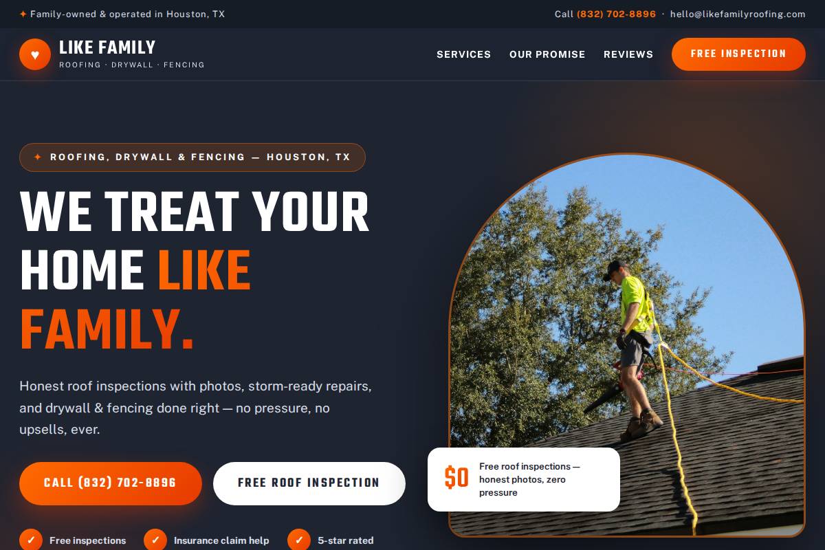 Like Family Roofing homepage mockup