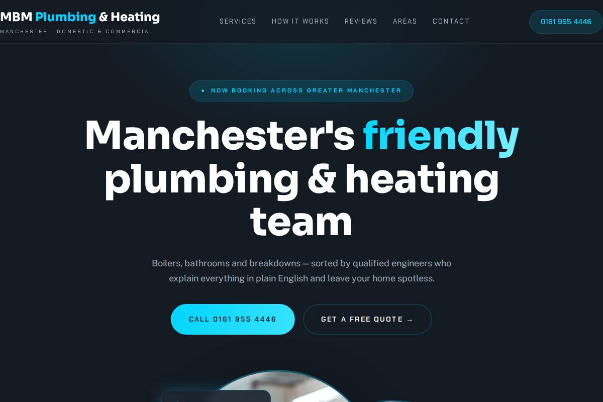 MBM Plumbing & Heating homepage mockup