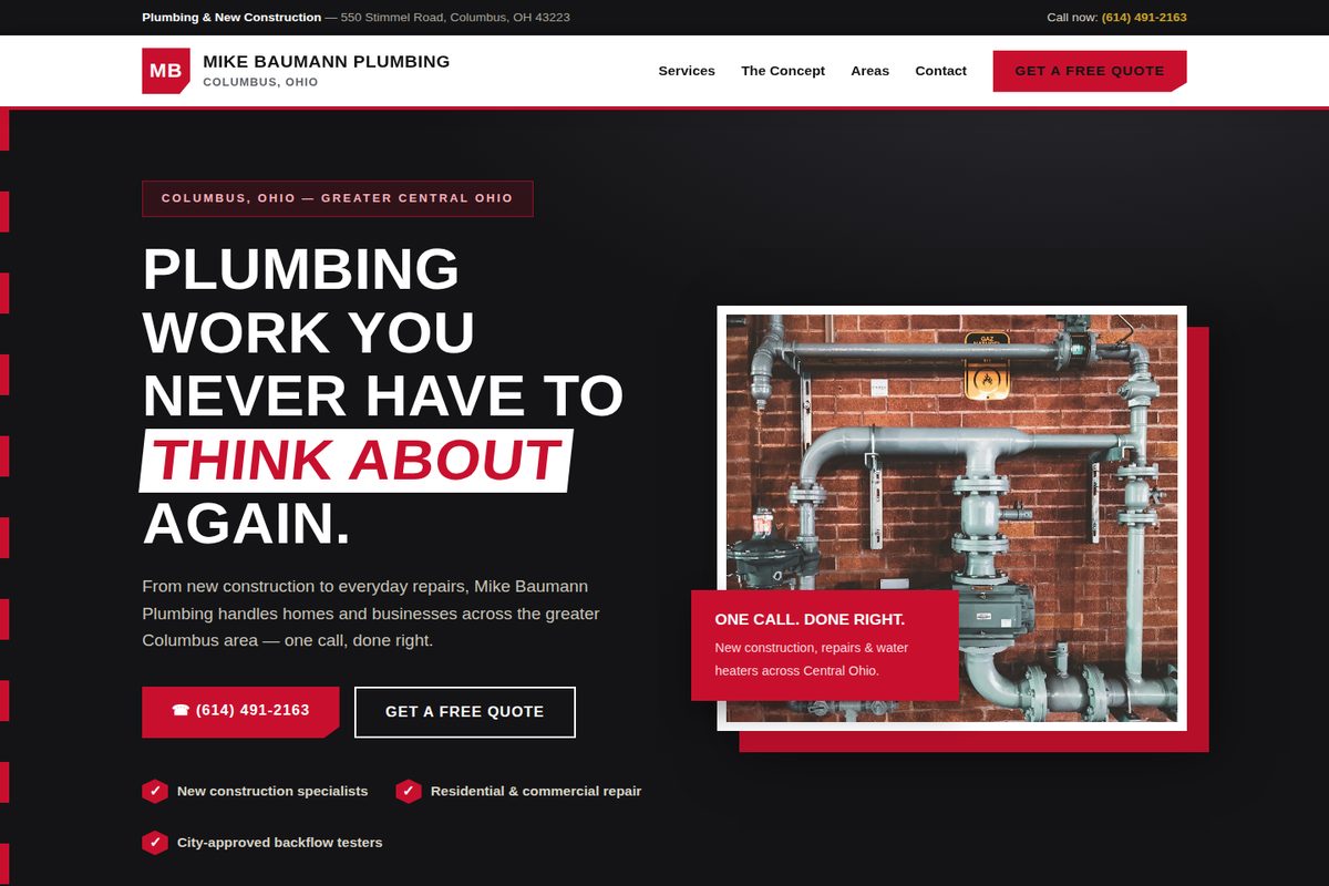 Mike Baumann Plumbing, Inc. homepage mockup