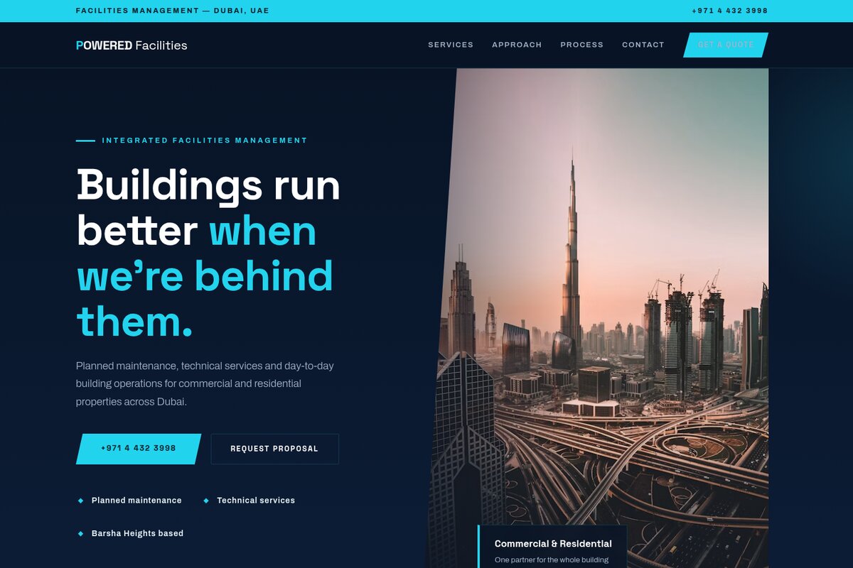 Powered Facilities Management homepage mockup