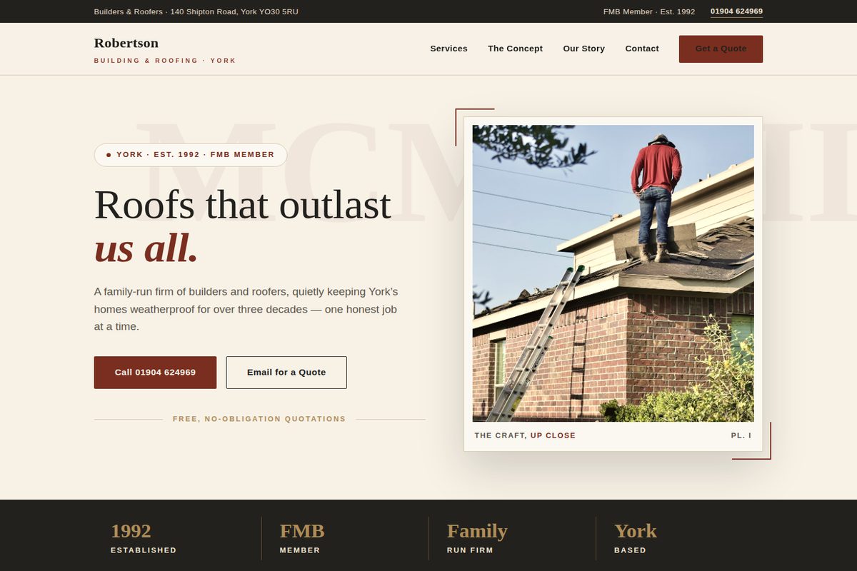 Robertson Building and Roofing homepage mockup
