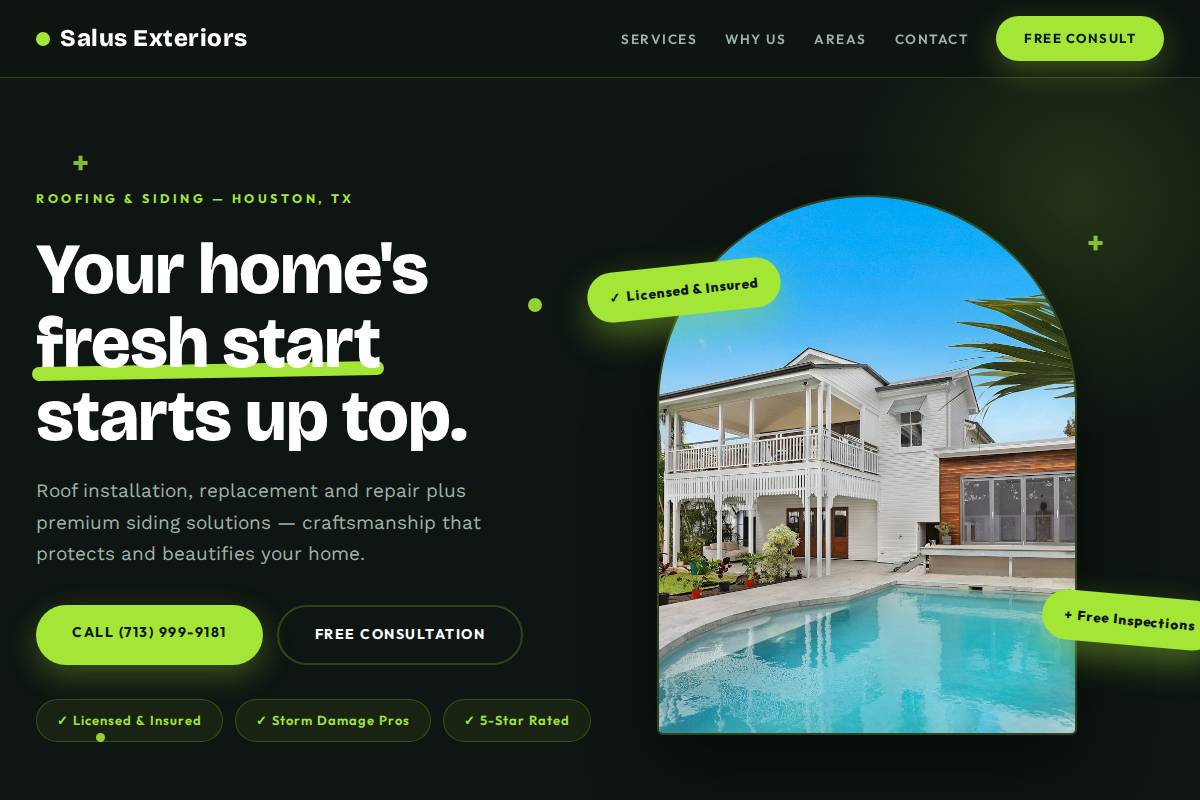 Salus Exteriors homepage mockup