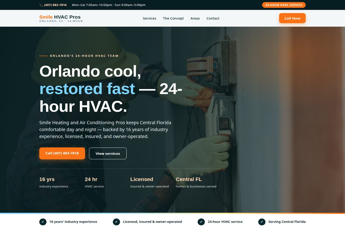 Smile Heating and Air Conditioning Pros homepage mockup