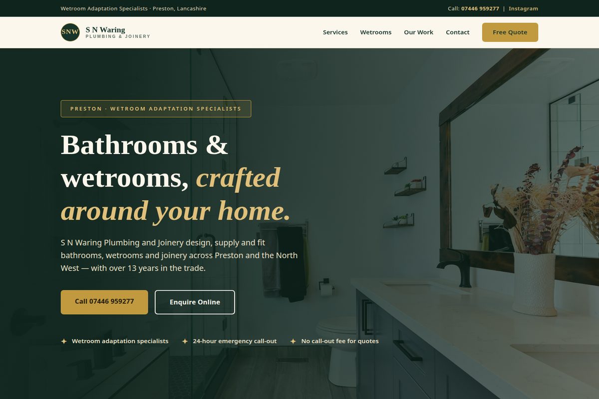 S N Waring Plumbing and Joinery homepage mockup