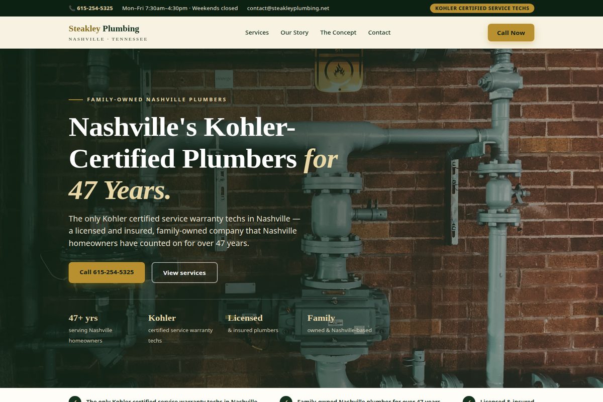 Steakley Plumbing homepage mockup