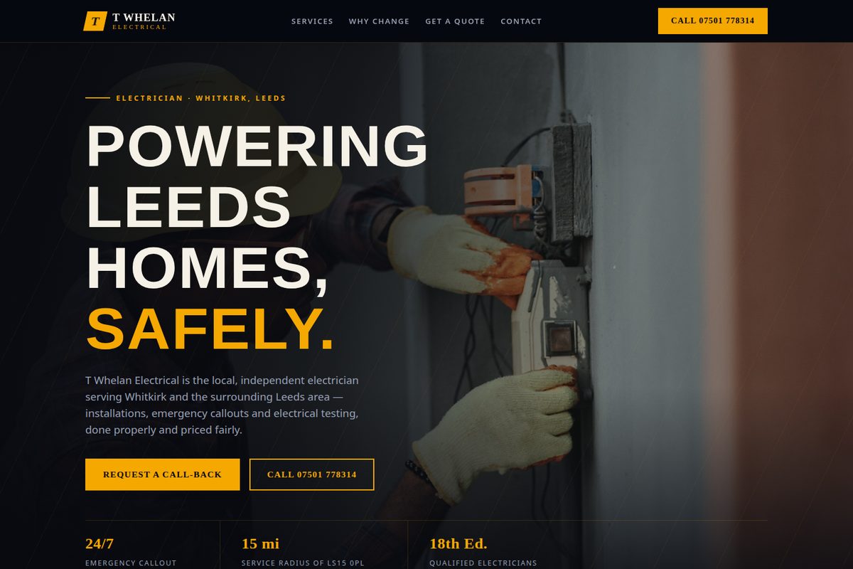 T Whelan Electrical homepage mockup