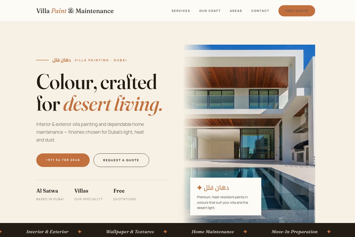 Villa Paint & Maintenance homepage mockup