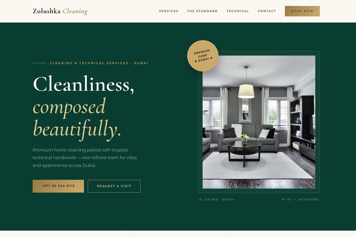 Zolushka Cleaning & Technical homepage mockup